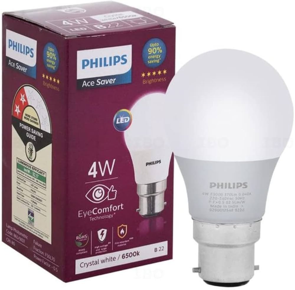 PHILIPS Ace Saver 4W Eye Comfort Crystal White / 6500k B22 Pin Type Bulb 