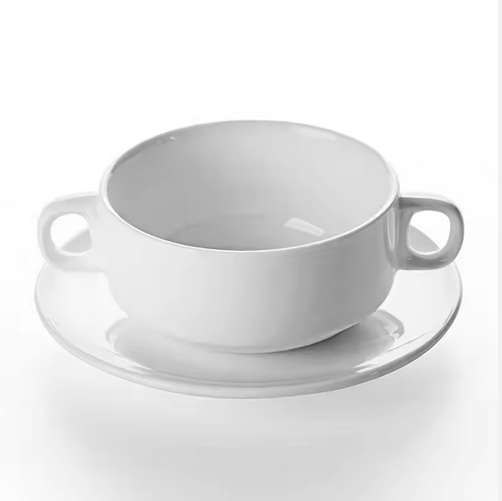 Stackable Soup Bowl With Two Handle & Saucer White Porcelain 270ml (MUN-1123130)