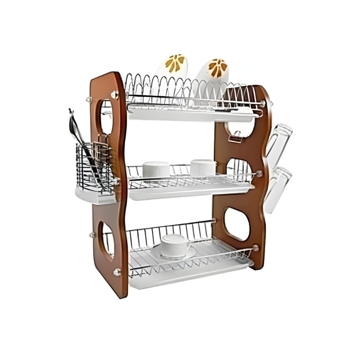 Dish Drainer With Cup And Cutlery Holder 3 Layer Wooden (MUN-1119206)