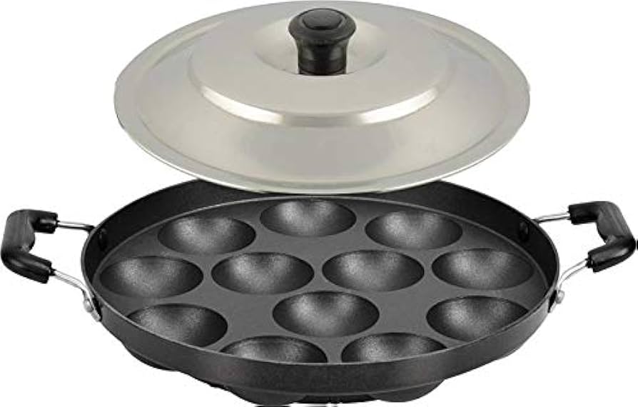 Aluminium  Non Stick 12 Cavity Appam Patra Double Side Handle with lid(MUN-1119163)