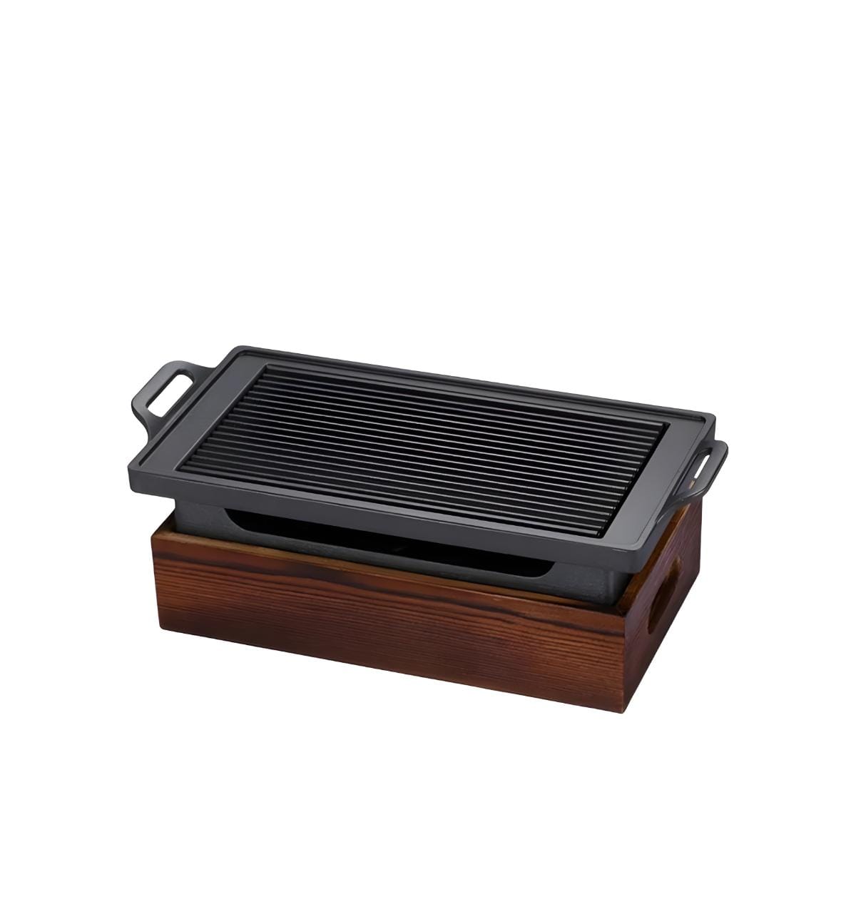 Heavy Cast Iron Rectangular Pan Spiced In Front Of The He With Wooden Base(MUN-1124275)