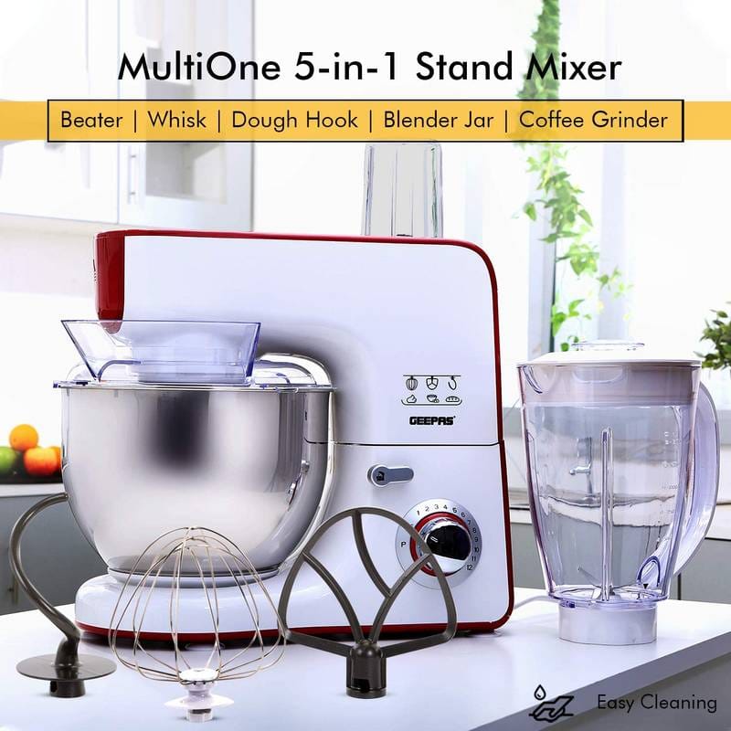 Stand Mixer, Jug Blender & Geepas Kitchen Machine with 5.5L Stainless Steel Bowl (MUN-1121061)