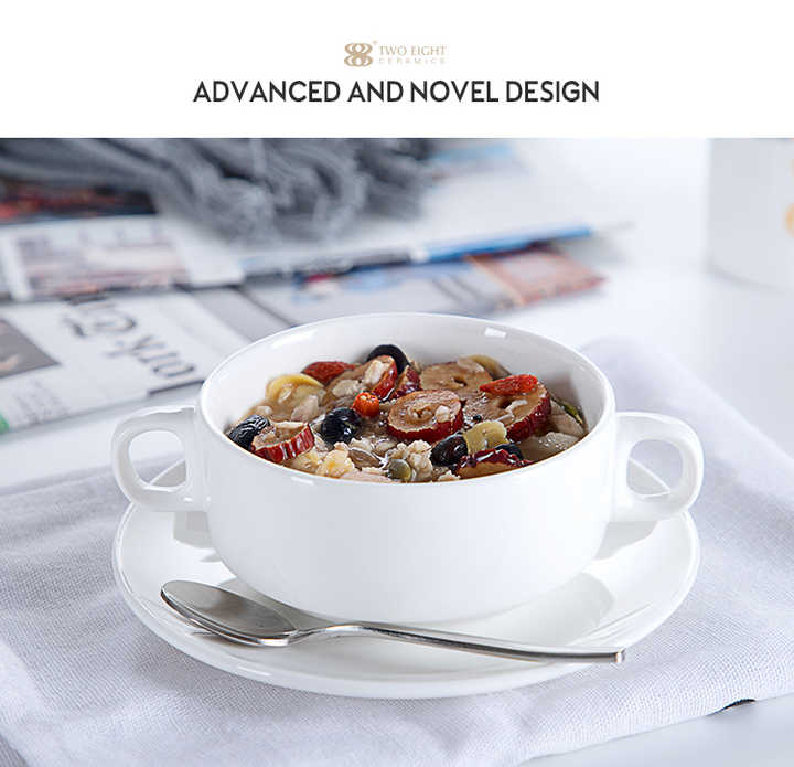 Stackable Soup Bowl With Two Handle & Saucer White Porcelain 270ml (MUN-1123130)