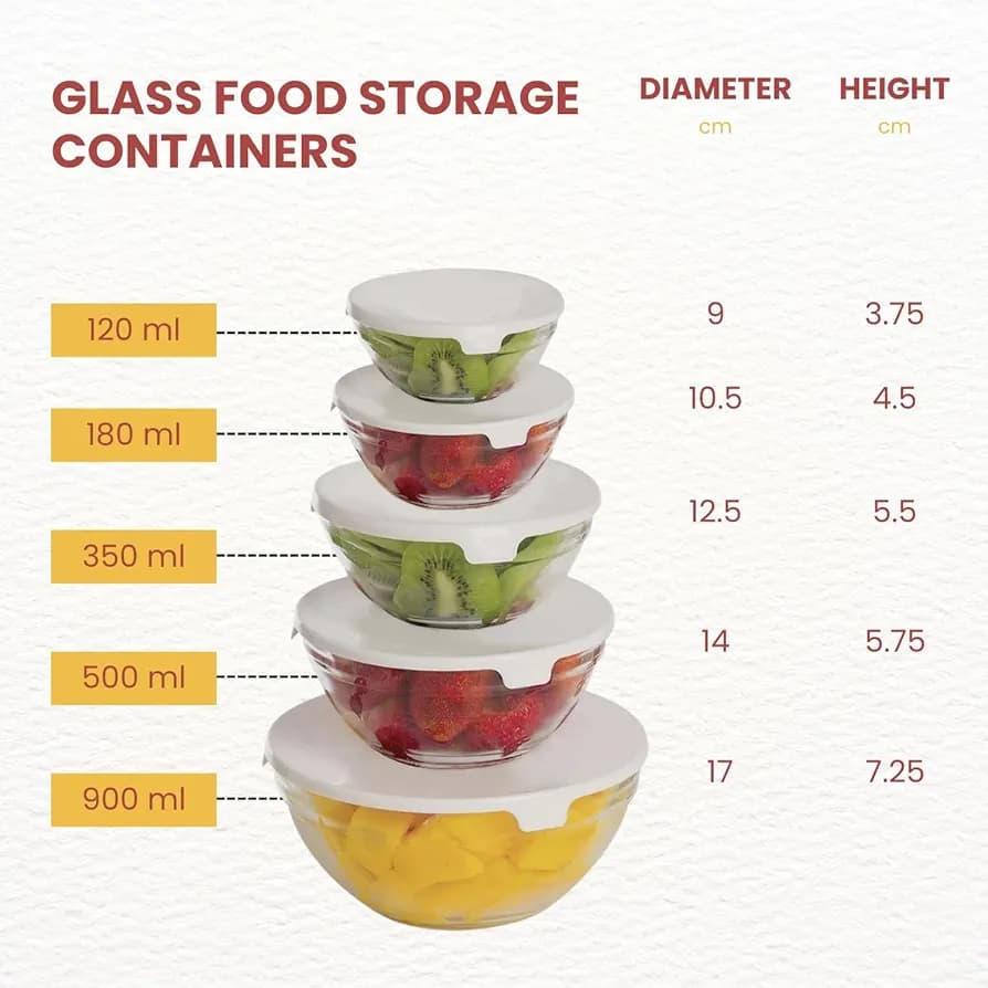 Glass Bowl, Food Storage Container with White Lid 5 Pcs (MUN-1124747)