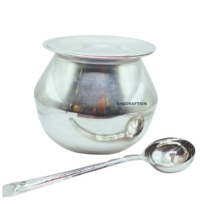 PONGAL POT WITH LID, ROUND LADLE/SPOON - STAINLESS STEEL  (MUN-1114459)