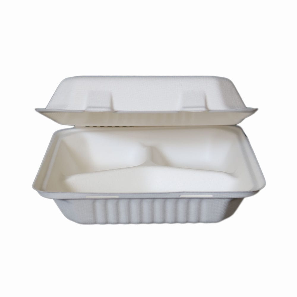 8x8 Bagasse 3Comp Hinged Container-White(CRI0025)