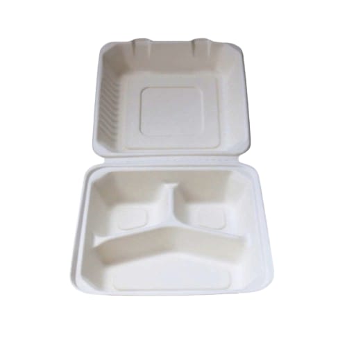 8x8 Bagasse 3Comp Hinged Container-White(CRI0025)