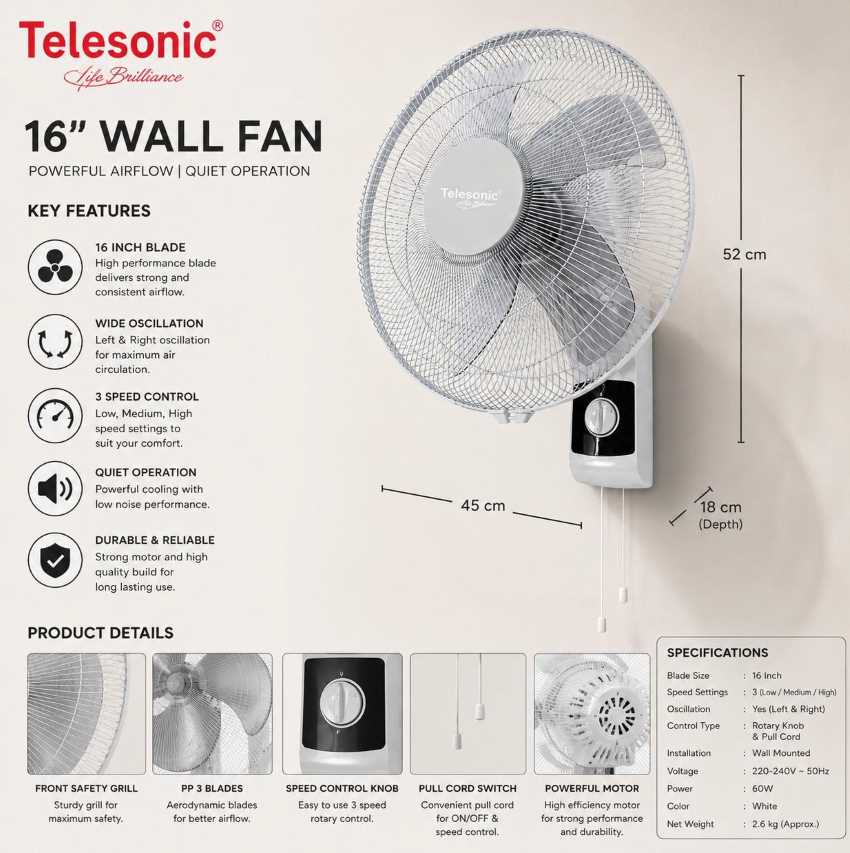 TELESONIC 16 INCH WALL FAN (FAN030)