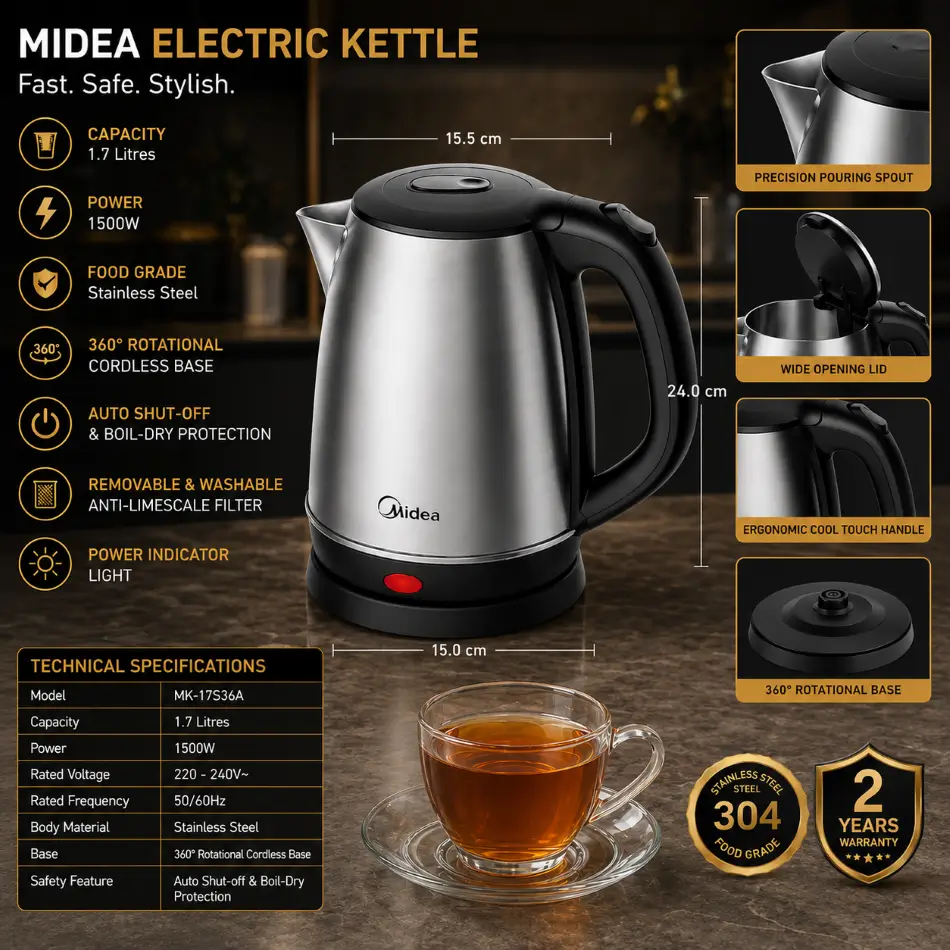 Midea Electric Kettle Stainless Steel Jug 1.7L - 1500W-MK17S36A (KTL041)