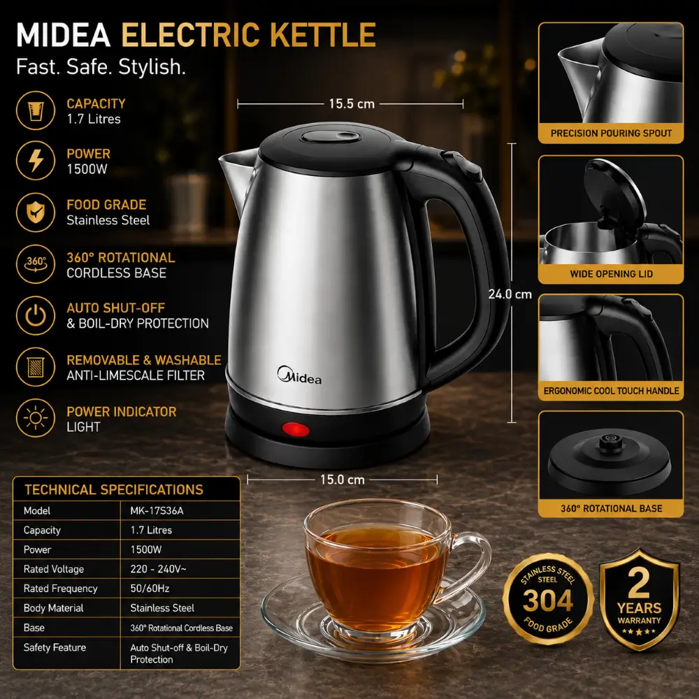 Midea Electric Kettle Stainless Steel Jug 1.7L - 1500W-MK17S36A (KTL041)